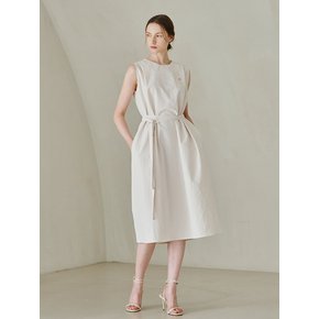 Round Neck Sleeveless Belted Dress - Ivory