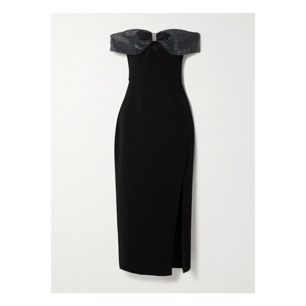 보우 크리스털 장식 오프숄더 크레이프 미디 드레스 블랙 1647597345383080