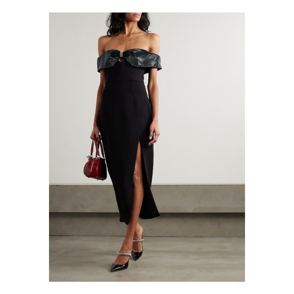 보우 크리스털 장식 오프숄더 크레이프 미디 드레스 블랙 1647597345383080