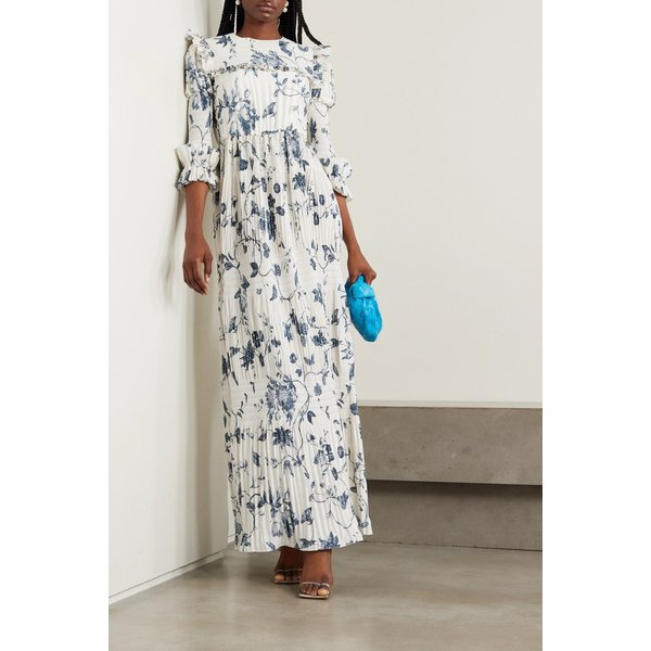 러플 플리츠 티어드 플로럴 프린트 시폰 가운 화이트 1647597309876350