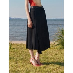 Pleats wrap long skirt (Black)