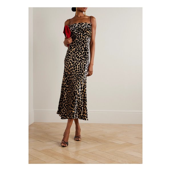 드레이프 레오파드 프린트 벨벳 미디 드레스 46376663162844264