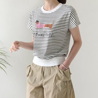 데일리앤 프랑드 여름 여성 루즈핏 스트라이프 면 프린팅 캡소매 맨투맨 티셔츠
