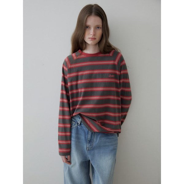 Oversized stripe raglan T-shirt [KNSS06TS24]_Red