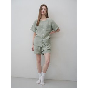 Cotton Gingham Piping Pajama Set (green)