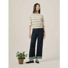 비조 디테일 와이드 턴업 데님 팬츠 - 네이비  BF5421C07R