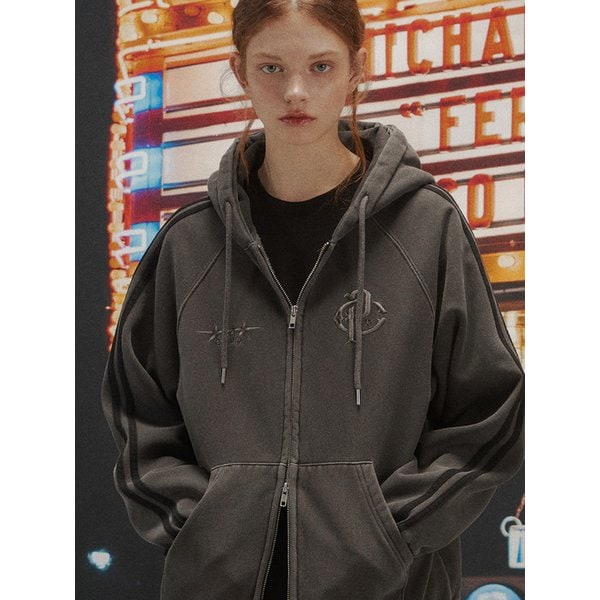 [2-WAY] CP 라인 피그먼트 후드 집업 스모크블랙