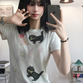 캣 리본 Y2K 크롭 반팔셔츠