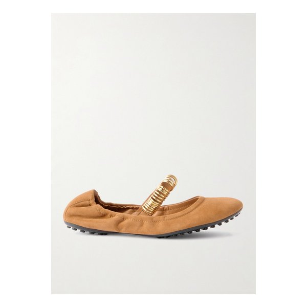 발레리나 장식 가죽 트리밍 스웨이드 플랫 탠 브라운 46376663162854999