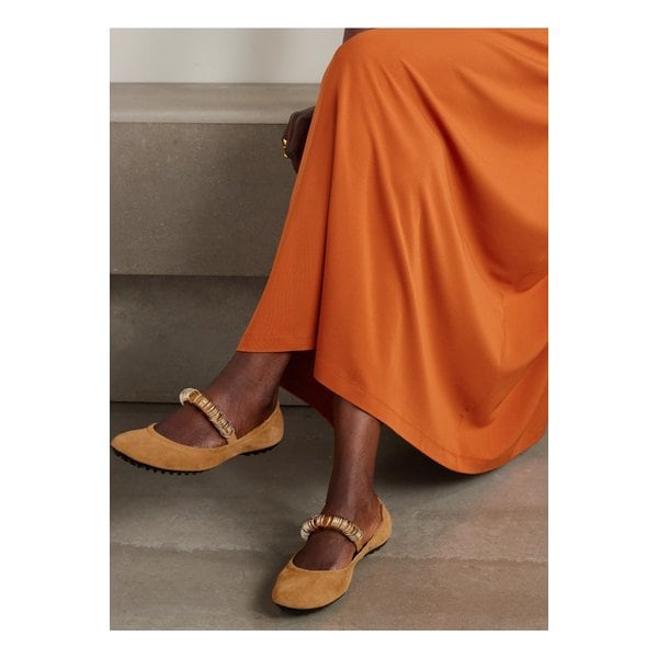 발레리나 장식 가죽 트리밍 스웨이드 플랫 탠 브라운 46376663162854999