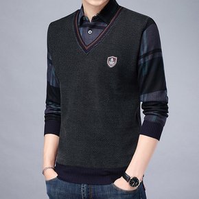 겨울 남성 2in1 레이어드 니트티셔츠 조끼와 셔츠를 입읏듯한 극세사셔츠 Bon-2620