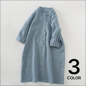 보니제이 / 노카라 단추 버튼 라운드넥 얇은 칠부소매 미니원피스 3color