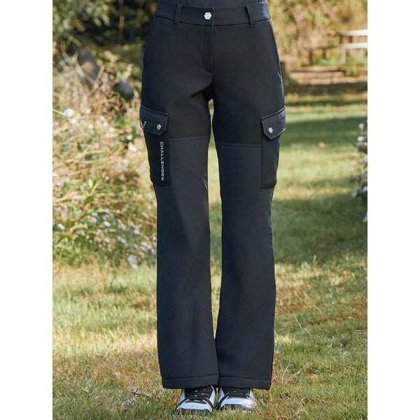 여성 우븐믹스 카고포켓 부츠컷 패딩 팬츠 블랙