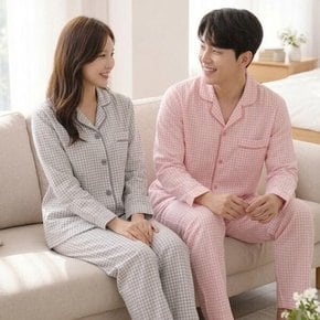[보슈아]1044 남녀 커플 체크 카라 긴팔 파자마 상하세트 사계절 홈웨어 국내산