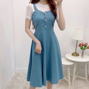 청순 레이어드 블루 뷔스티에 백리본 밴딩 롱원피스_P322004734