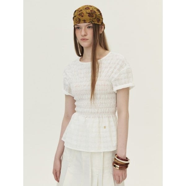 Smocked Checkered Blouse, White