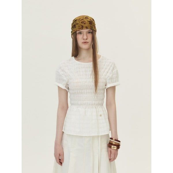 Smocked Checkered Blouse, White