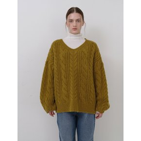 Wool overfit Vneck cable knit - Olive