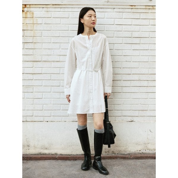 라운드넥 벨티드 셔츠 원피스_WHITE