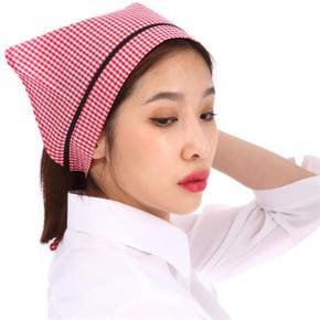 적색체크 머리끈스카프 주방위생모자