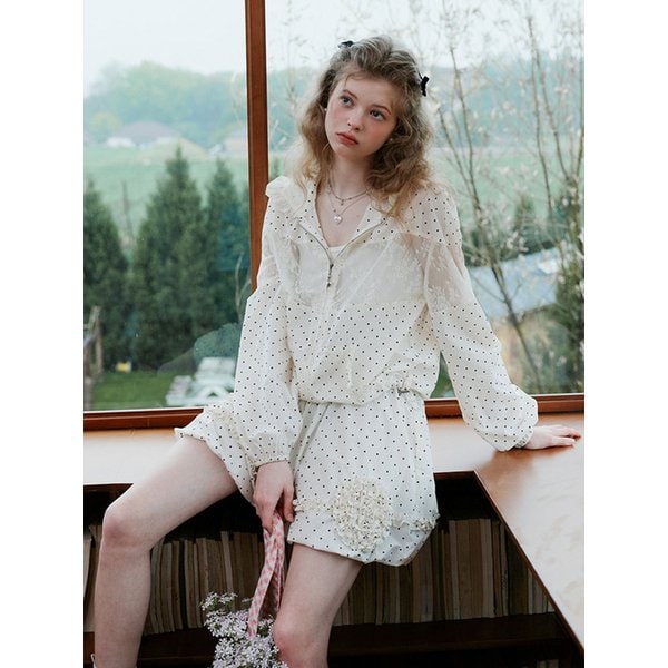 Cest_Polka dot lace hooded jacket