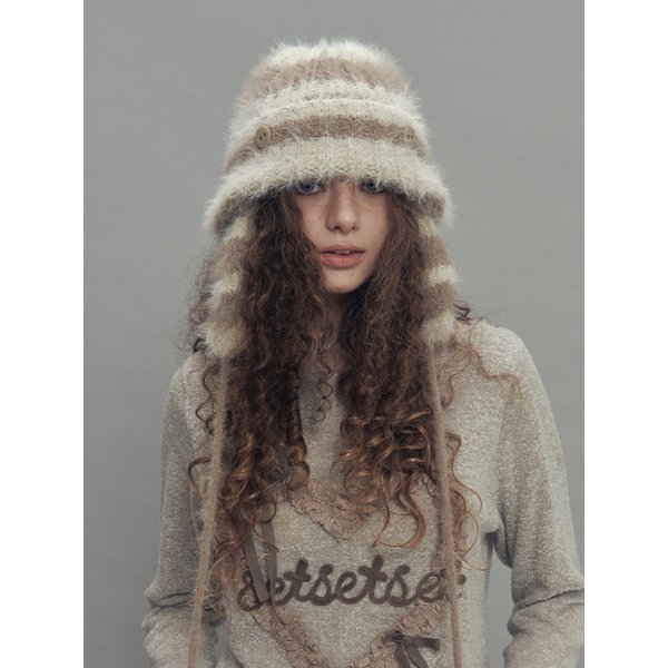 투웨이 이어플랩 비니 스트라이프 베이지믹스