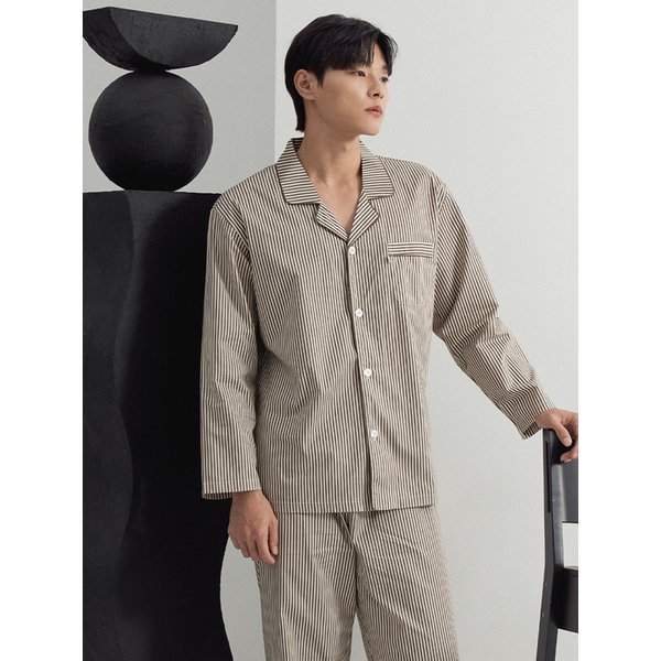 카키ST 긴팔 순면 남성 빅사이즈 잠옷 세트