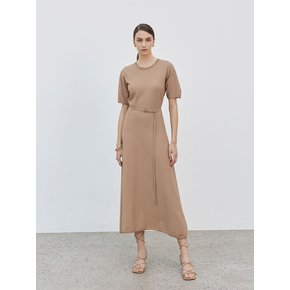 Half Sleeve Round Neck Belted Knit Dress Beige