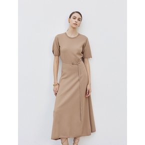 Half Sleeve Round Neck Belted Knit Dress Beige