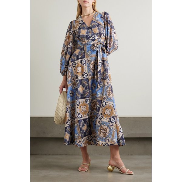 올라잇 벨트 프린트 코튼 미디 랩 드레스 블루 1647597326793179