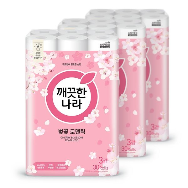 벚꽃 로맨틱 벚꽃향 3겹 화장지 27m 30롤 3팩