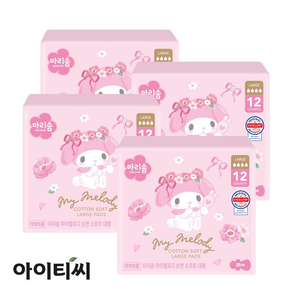 마리솜 마이멜로디 순면 소프트 대형 생리대(12입)X4팩