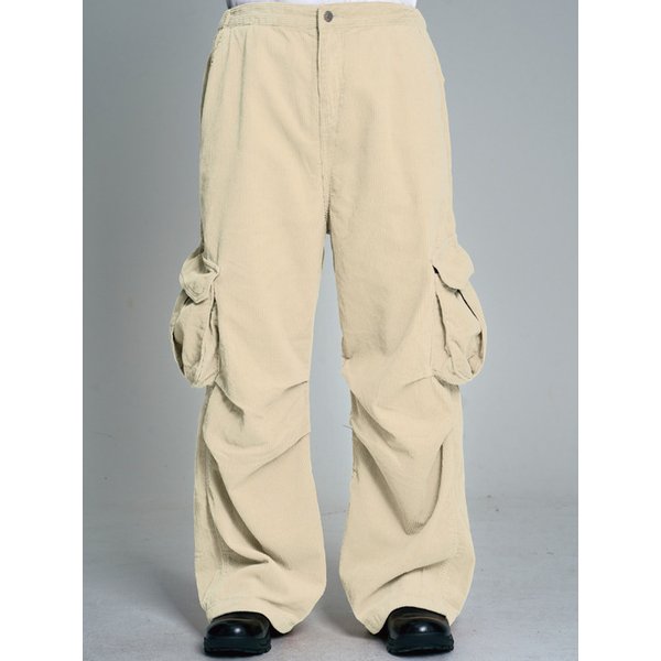 Corduroy Parachute Cargo Half-Banding Pants_Cream