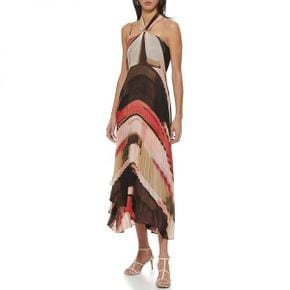 5010336 DKNY Sleeveless Print Chiffon Pleated Halter Dress