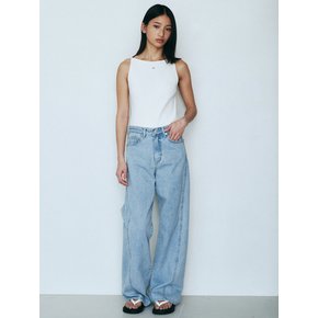 Line Point Vintage Washing Wide Denim Pants (Light Blue)