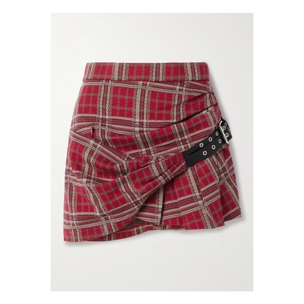 기센 벨트 디테일 드레이프 체크 코튼 미니 스커트 레드 46376663162944491