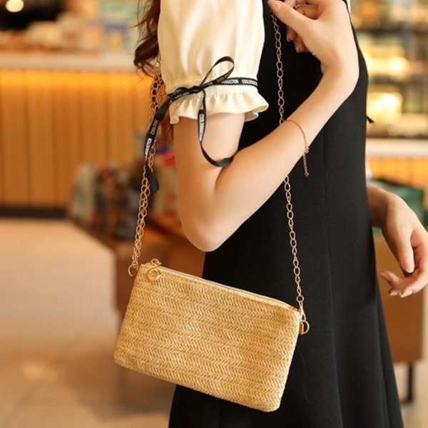 [옷자락] 여자 페미닌 골드 체인 스트랩 라탄 미니백 크로스백