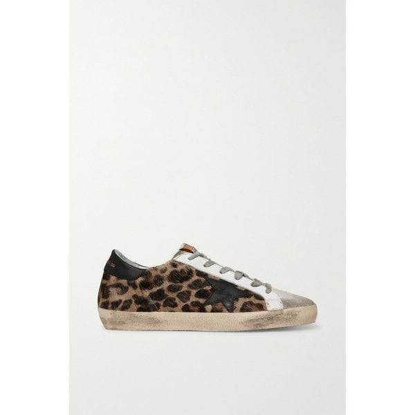 슈퍼스타 디스트레스드 레오파드 카프 헤어 가죽 스웨이드 스니커즈 16114163150873687