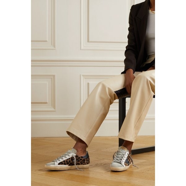 슈퍼스타 디스트레스드 레오파드 카프 헤어 가죽 스웨이드 스니커즈 16114163150873687