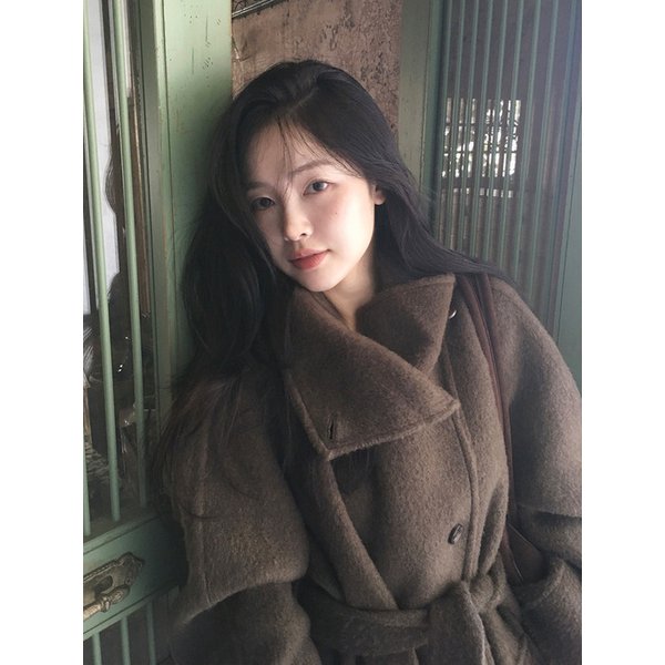 베이비 알파카 핸드메이드 하이넥 코트 BROWN