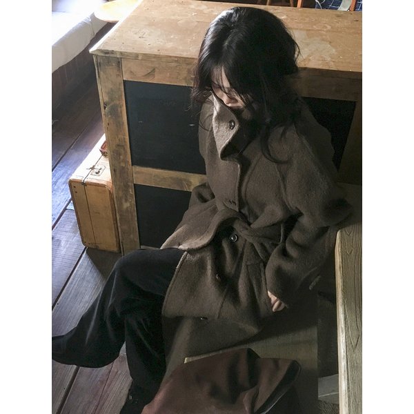 베이비 알파카 핸드메이드 하이넥 코트 BROWN