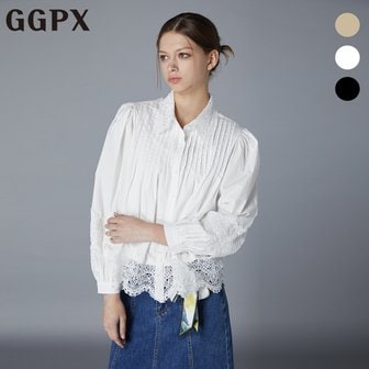 GGPX 레이스 카라 핀턱 퍼프 블라우스 (GO7SH085F)