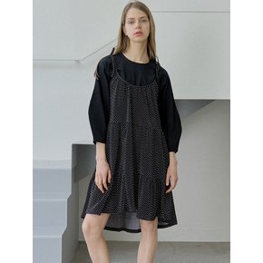 Dot Ribbon Shirring Mini Dress - BLACK