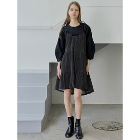 Dot Ribbon Shirring Mini Dress - BLACK