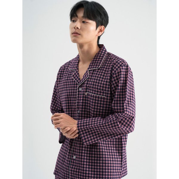 깅엄체크 긴팔 플란넬 순면 남성 빅사이즈 잠옷 세트