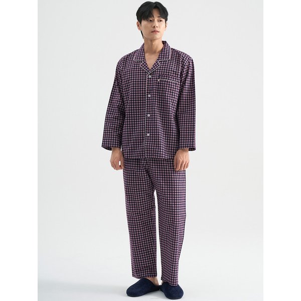 깅엄체크 긴팔 플란넬 순면 남성 빅사이즈 잠옷 세트