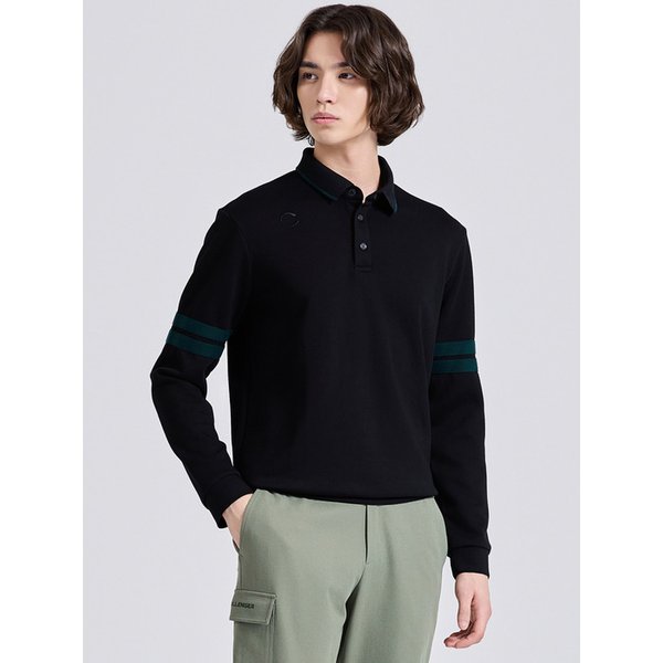 남성 더블라인 소매배색 카라넥 긴팔 티셔츠 블랙