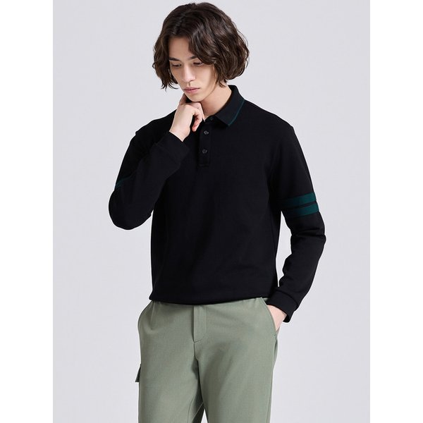 남성 더블라인 소매배색 카라넥 긴팔 티셔츠 블랙