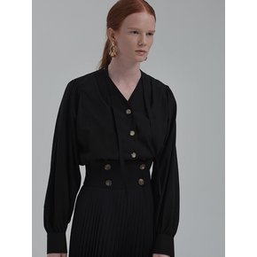 BUTTONED V-NECK SHIRRING BLOUSE (BLACK)