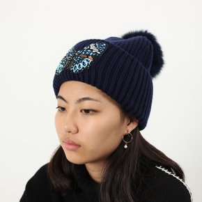 버터플라이 폼 여성 울비니 9WAA156XXMAXX 네이비 Yves Salomon Butterfly Knit Pom Beanie